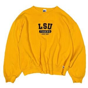 Russell Athletic LSU Sweater Large Yellow Embroidered Tigers Spellout Crewneck